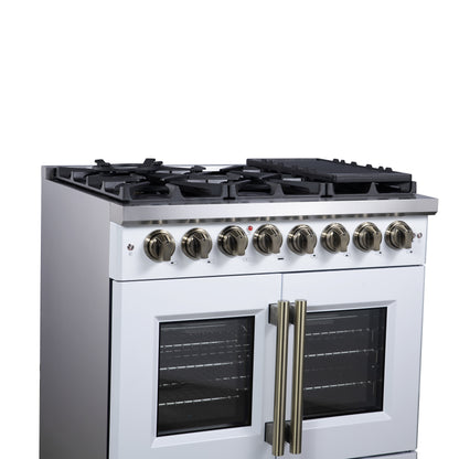 Forno Capriasca 36 Inch Freestanding French Door Dual Fuel Range in White with Antique Brass Accessories, 6 Burners, True Convection Oven