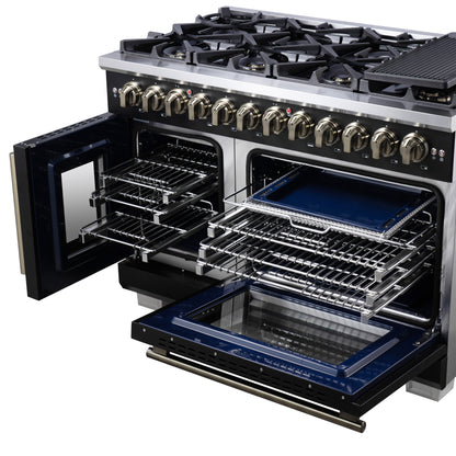 Forno Capriasca 48 Inch Freestanding French Door Dual Fuel Range in Black with Antique Brass Accessories, 8 Burners, True Convection Oven
