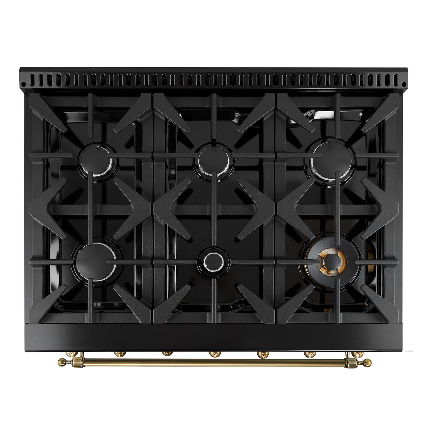 Cuisinière bi-énergie Forno Antico de 36 pouces, noir et laiton antique, 6 brûleurs, four à convection de 4,5 pi³