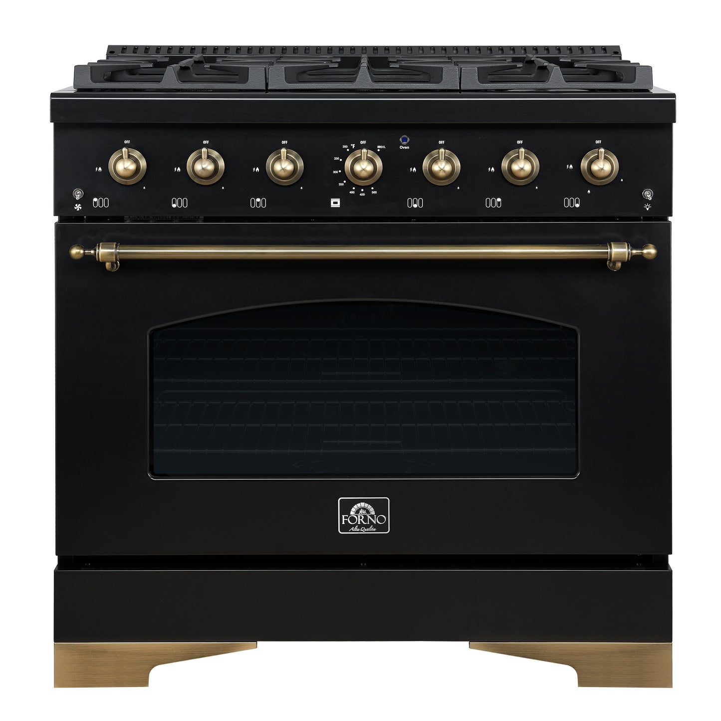 Cuisinière bi-énergie Forno Antico de 36 pouces, noir et laiton antique, 6 brûleurs, four à convection de 4,5 pi³