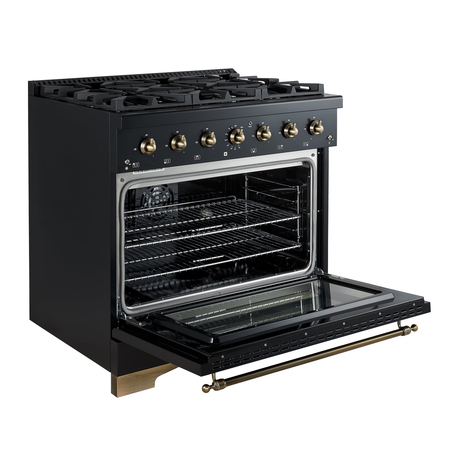 Cuisinière bi-énergie Forno Antico de 36 pouces, noir et laiton antique, 6 brûleurs, four à convection de 4,5 pi³