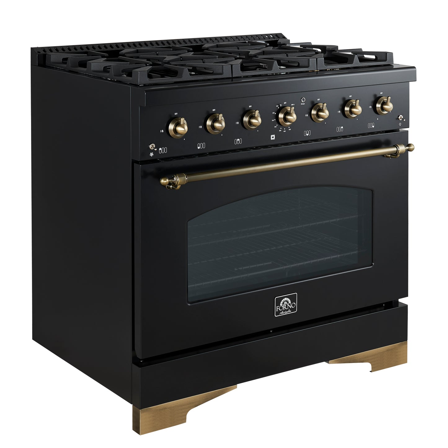 Cuisinière bi-énergie Forno Antico de 36 pouces, noir et laiton antique, 6 brûleurs, four à convection de 4,5 pi³