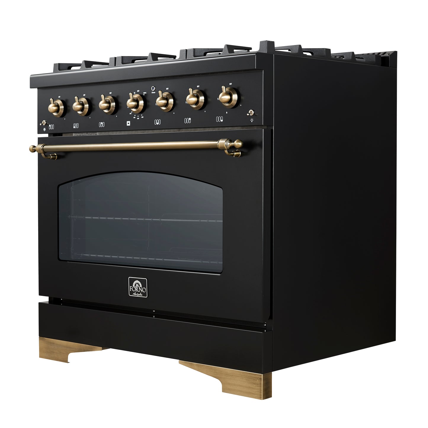 Cuisinière bi-énergie Forno Antico de 36 pouces, noir et laiton antique, 6 brûleurs, four à convection de 4,5 pi³