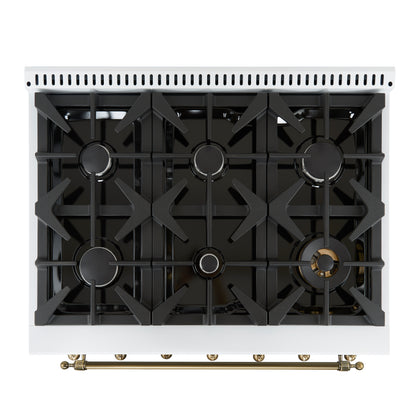 Cocina de doble combustible Forno Antico de 36 pulgadas con diseño en blanco y latón antiguo, 6 quemadores de gas sellados y horno eléctrico de convección.