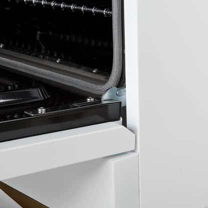 Cocina de doble combustible Forno Antico de 36 pulgadas con diseño en blanco y latón antiguo, 6 quemadores de gas sellados y horno eléctrico de convección.