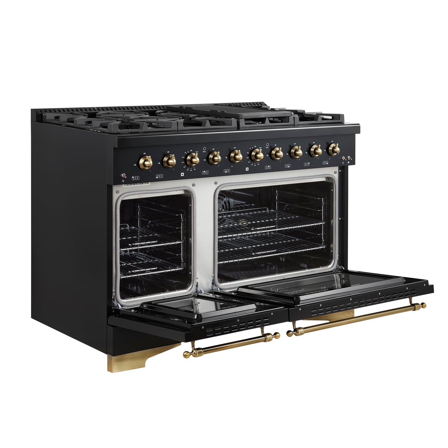 Cuisinière bi-énergie Forno Antico de 48 pouces, finition noire avec laiton antique, 8 brûleurs, 94 000 BTU, fours doubles et plaque chauffante de 5,5 pi³