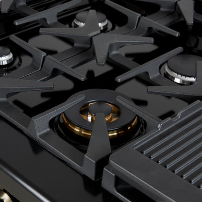 Cuisinière bi-énergie Forno Antico de 48 pouces, finition noire avec laiton antique, 8 brûleurs, 94 000 BTU, fours doubles et plaque chauffante de 5,5 pi³