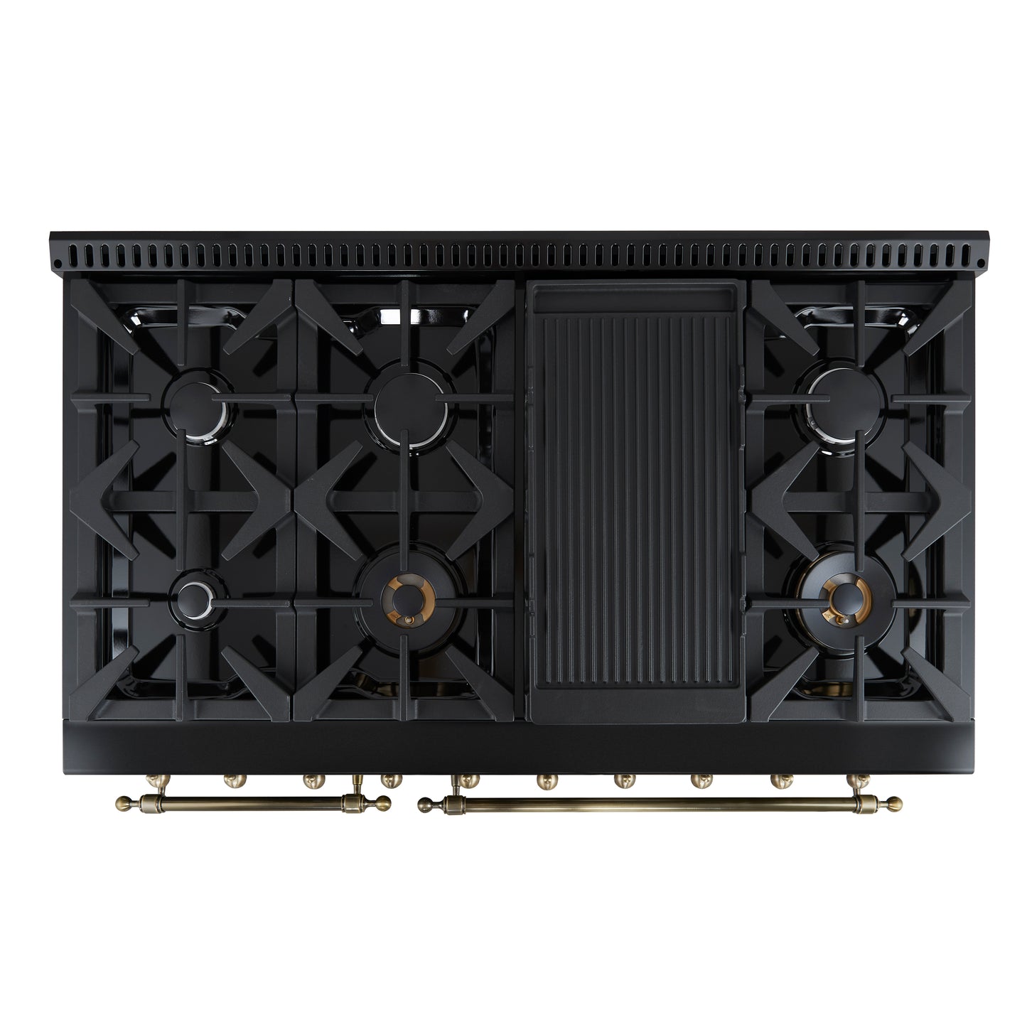 Cuisinière bi-énergie Forno Antico de 48 pouces, finition noire avec laiton antique, 8 brûleurs, 94 000 BTU, fours doubles et plaque chauffante de 5,5 pi³