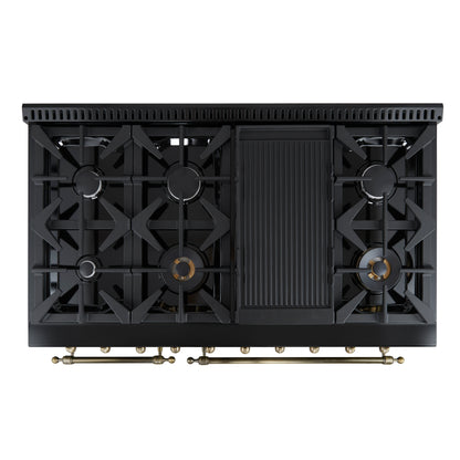 Cuisinière bi-énergie Forno Antico de 48 pouces, finition noire avec laiton antique, 8 brûleurs, 94 000 BTU, fours doubles et plaque chauffante de 5,5 pi³