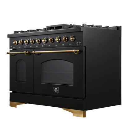 Cuisinière bi-énergie Forno Antico de 48 pouces, finition noire avec laiton antique, 8 brûleurs, 94 000 BTU, fours doubles et plaque chauffante de 5,5 pi³