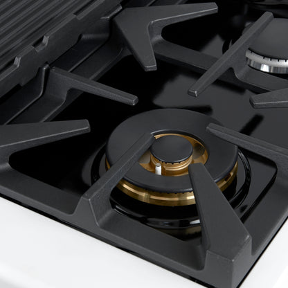 Cocina de doble combustible Forno Antico de 48 pulgadas, blanca con acabado en latón antiguo, 8 quemadores, 94,000 BTU, 5.5 pies cúbicos, horno doble y plancha.