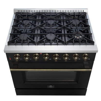 Cuisinière bi-énergie Forno Galiano de 36 pouces, design noir et laiton antique, 6 brûleurs scellés, 83 000 BTU, four à convection véritable de 5,36 pi³