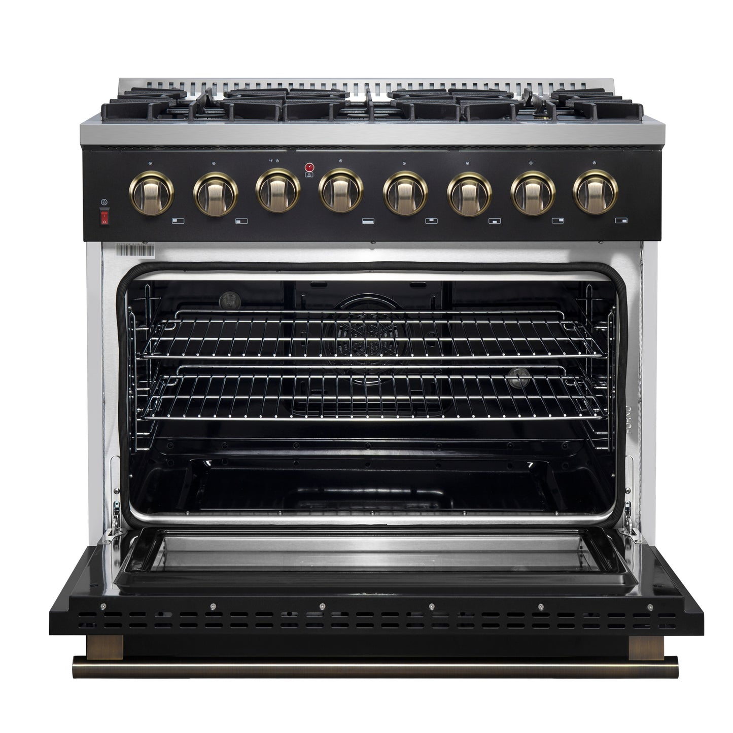 Cuisinière bi-énergie Forno Galiano de 36 pouces, design noir et laiton antique, 6 brûleurs scellés, 83 000 BTU, four à convection véritable de 5,36 pi³