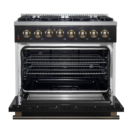 Cuisinière bi-énergie Forno Galiano de 36 pouces, design noir et laiton antique, 6 brûleurs scellés, 83 000 BTU, four à convection véritable de 5,36 pi³