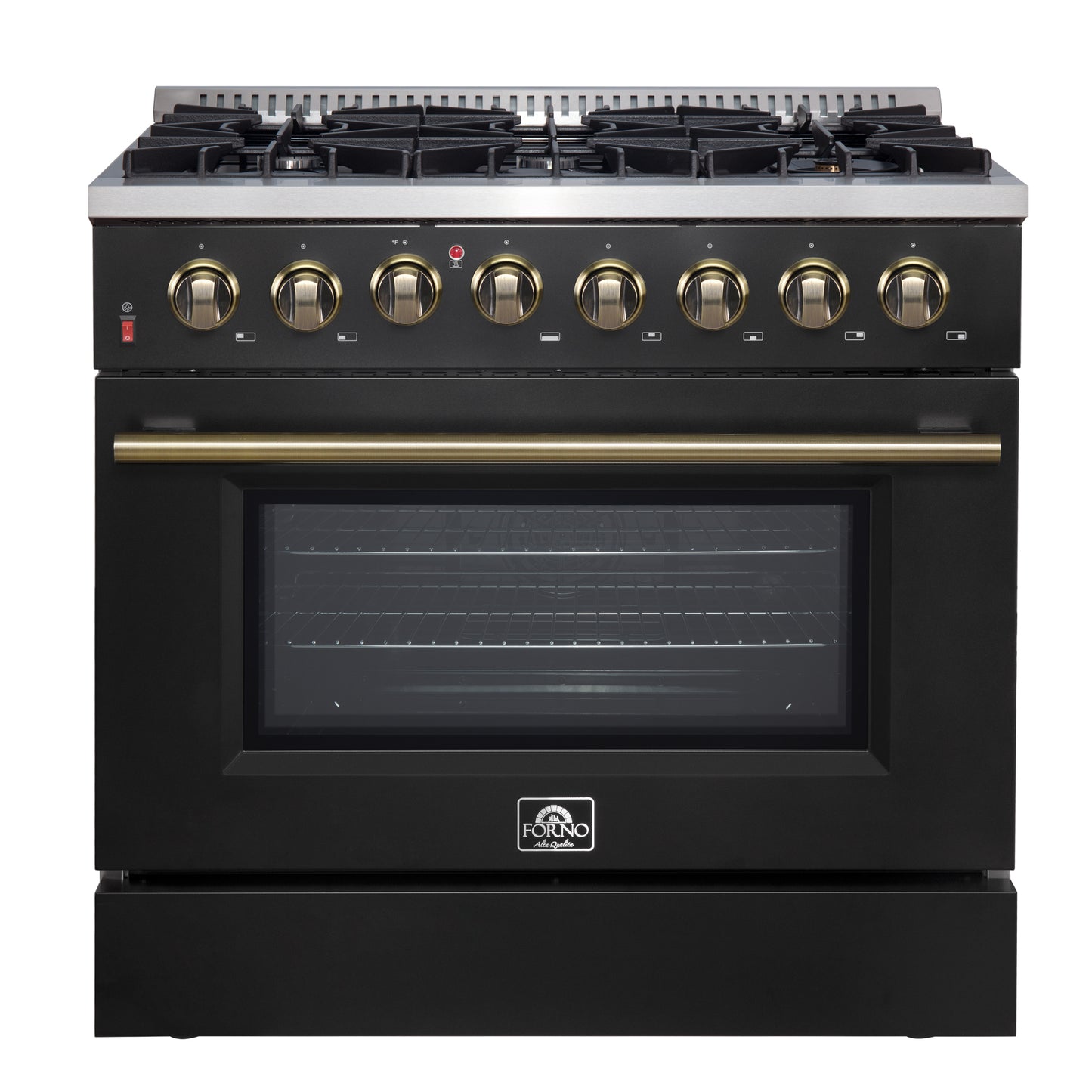 Cuisinière bi-énergie Forno Galiano de 36 pouces, design noir et laiton antique, 6 brûleurs scellés, 83 000 BTU, four à convection véritable de 5,36 pi³