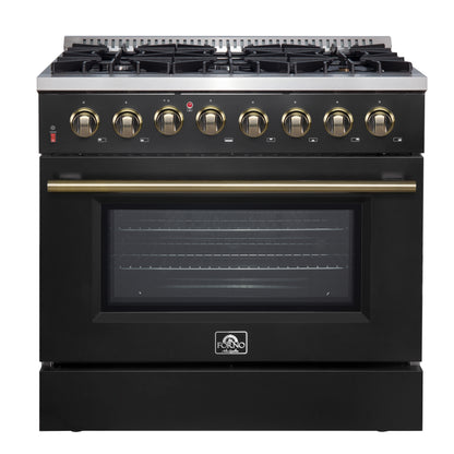 Cuisinière bi-énergie Forno Galiano de 36 pouces, design noir et laiton antique, 6 brûleurs scellés, 83 000 BTU, four à convection véritable de 5,36 pi³