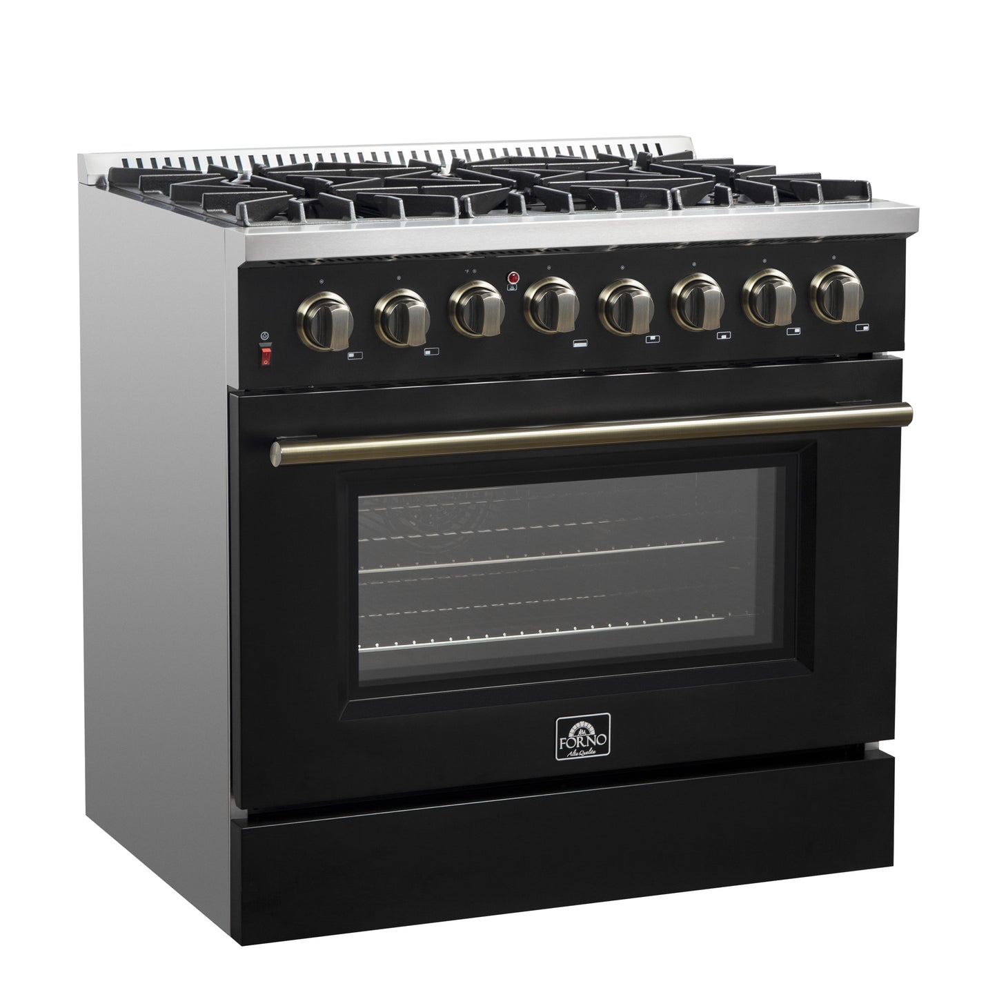 Cuisinière bi-énergie Forno Galiano de 36 pouces, design noir et laiton antique, 6 brûleurs scellés, 83 000 BTU, four à convection véritable de 5,36 pi³