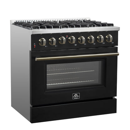Cuisinière bi-énergie Forno Galiano de 36 pouces, design noir et laiton antique, 6 brûleurs scellés, 83 000 BTU, four à convection véritable de 5,36 pi³