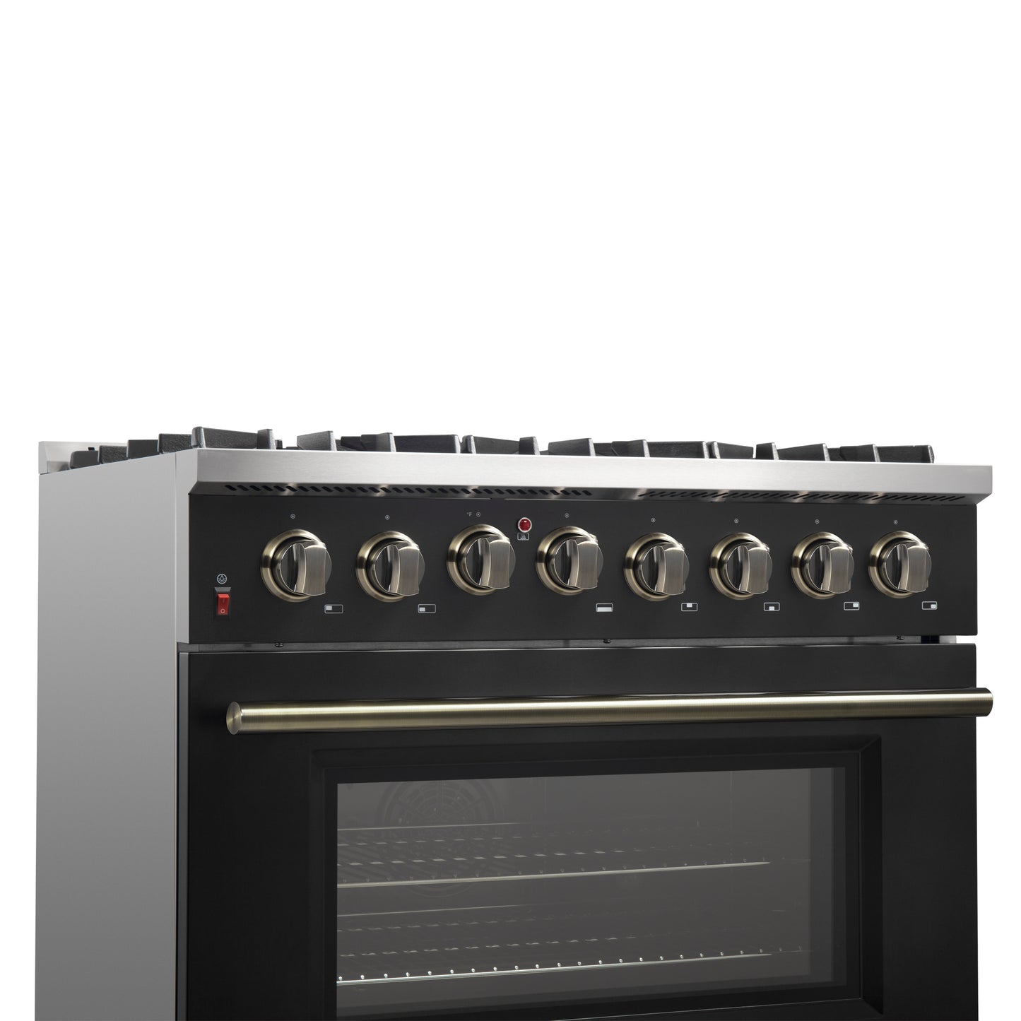 Cuisinière bi-énergie Forno Galiano de 36 pouces, design noir et laiton antique, 6 brûleurs scellés, 83 000 BTU, four à convection véritable de 5,36 pi³