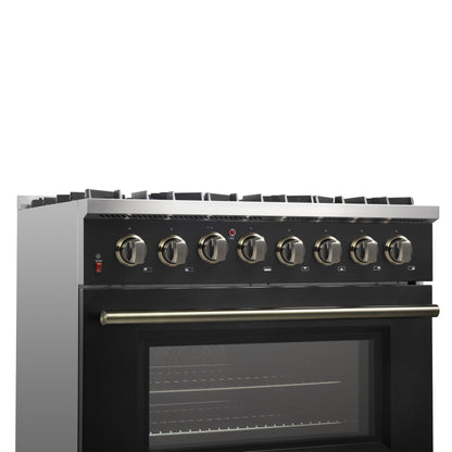 Cuisinière bi-énergie Forno Galiano de 36 pouces, design noir et laiton antique, 6 brûleurs scellés, 83 000 BTU, four à convection véritable de 5,36 pi³