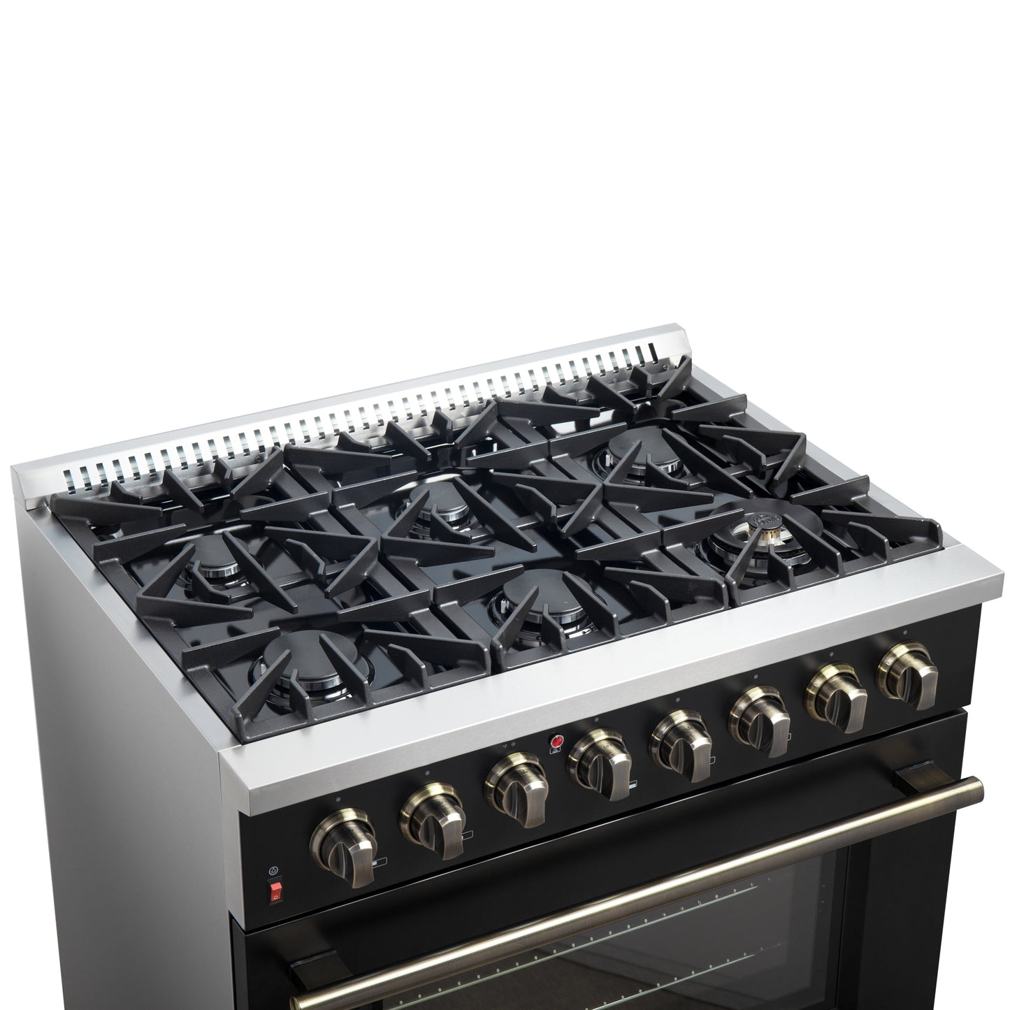 Cuisinière bi-énergie Forno Galiano de 36 pouces, design noir et laiton antique, 6 brûleurs scellés, 83 000 BTU, four à convection véritable de 5,36 pi³