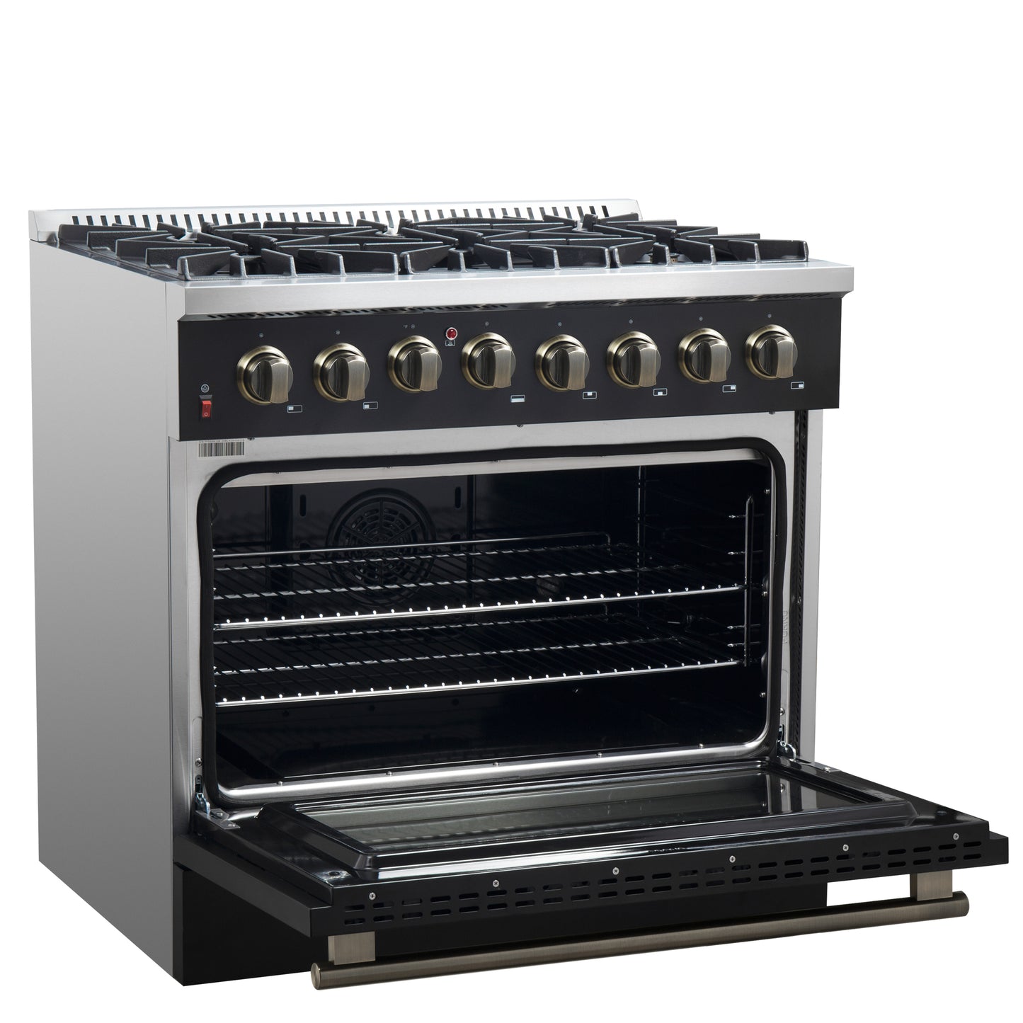 Cuisinière bi-énergie Forno Galiano de 36 pouces, design noir et laiton antique, 6 brûleurs scellés, 83 000 BTU, four à convection véritable de 5,36 pi³