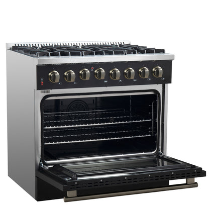 Cuisinière bi-énergie Forno Galiano de 36 pouces, design noir et laiton antique, 6 brûleurs scellés, 83 000 BTU, four à convection véritable de 5,36 pi³