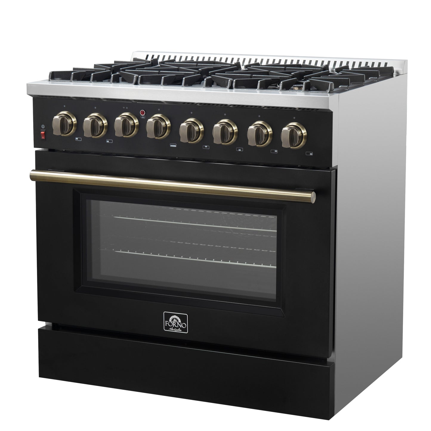 Cuisinière bi-énergie Forno Galiano de 36 pouces, design noir et laiton antique, 6 brûleurs scellés, 83 000 BTU, four à convection véritable de 5,36 pi³