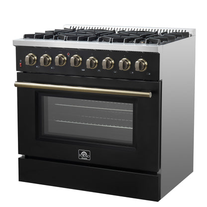 Cuisinière bi-énergie Forno Galiano de 36 pouces, design noir et laiton antique, 6 brûleurs scellés, 83 000 BTU, four à convection véritable de 5,36 pi³