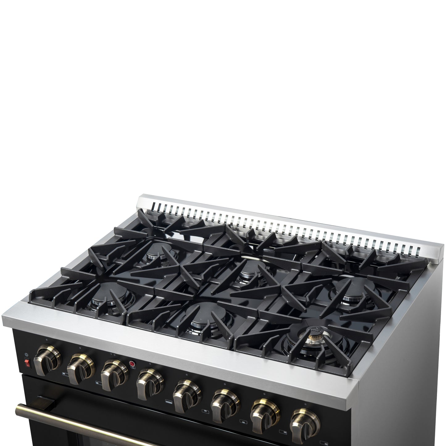 Cuisinière bi-énergie Forno Galiano de 36 pouces, design noir et laiton antique, 6 brûleurs scellés, 83 000 BTU, four à convection véritable de 5,36 pi³
