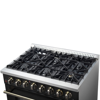 Cuisinière bi-énergie Forno Galiano de 36 pouces, design noir et laiton antique, 6 brûleurs scellés, 83 000 BTU, four à convection véritable de 5,36 pi³