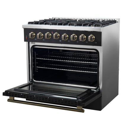 Cuisinière bi-énergie Forno Galiano de 36 pouces, design noir et laiton antique, 6 brûleurs scellés, 83 000 BTU, four à convection véritable de 5,36 pi³