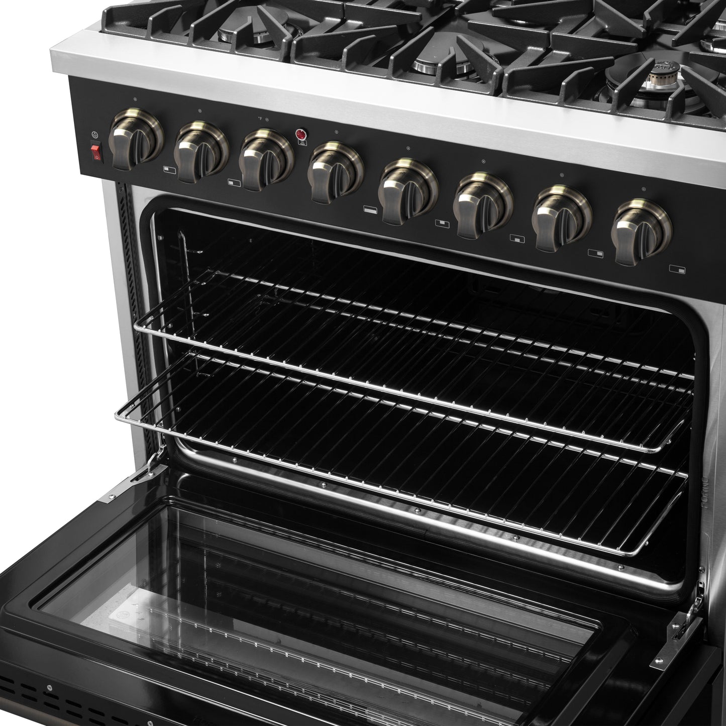Cuisinière bi-énergie Forno Galiano de 36 pouces, design noir et laiton antique, 6 brûleurs scellés, 83 000 BTU, four à convection véritable de 5,36 pi³