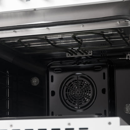 Gama de combustible dual Galiano de 48 pulgadas, diseño en blanco y latón antiguo con 8 quemadores sellados, 107,000 BTU, hornos dobles de 6.58 pies cúbicos y plancha