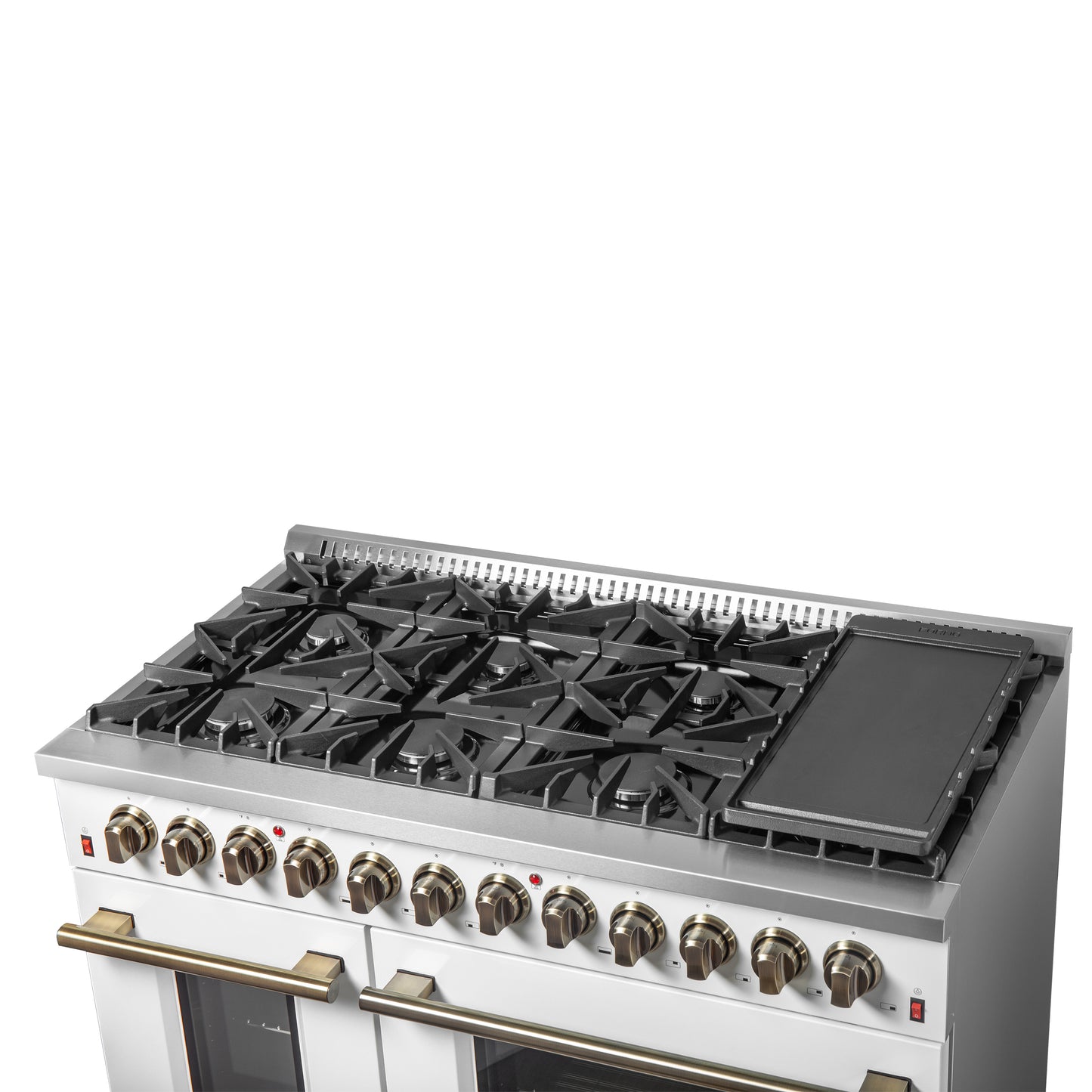 Gama de combustible dual Galiano de 48 pulgadas, diseño en blanco y latón antiguo con 8 quemadores sellados, 107,000 BTU, hornos dobles de 6.58 pies cúbicos y plancha