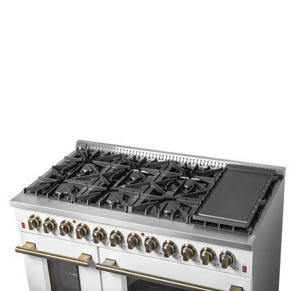 Gama de combustible dual Galiano de 48 pulgadas, diseño en blanco y latón antiguo con 8 quemadores sellados, 107,000 BTU, hornos dobles de 6.58 pies cúbicos y plancha