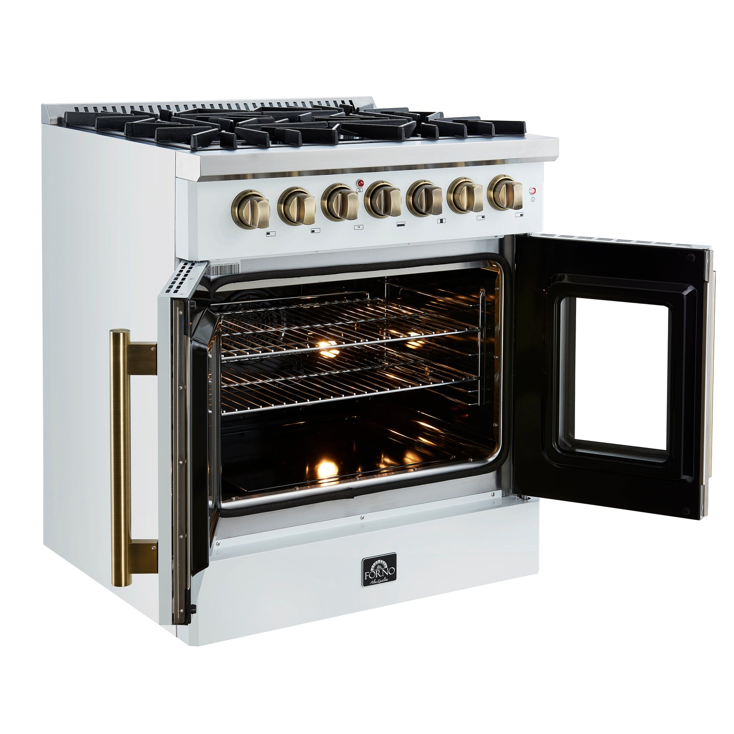 Cocina independiente de 30 pulgadas con puerta francesa y doble combustible, color blanco, Forno Galiano