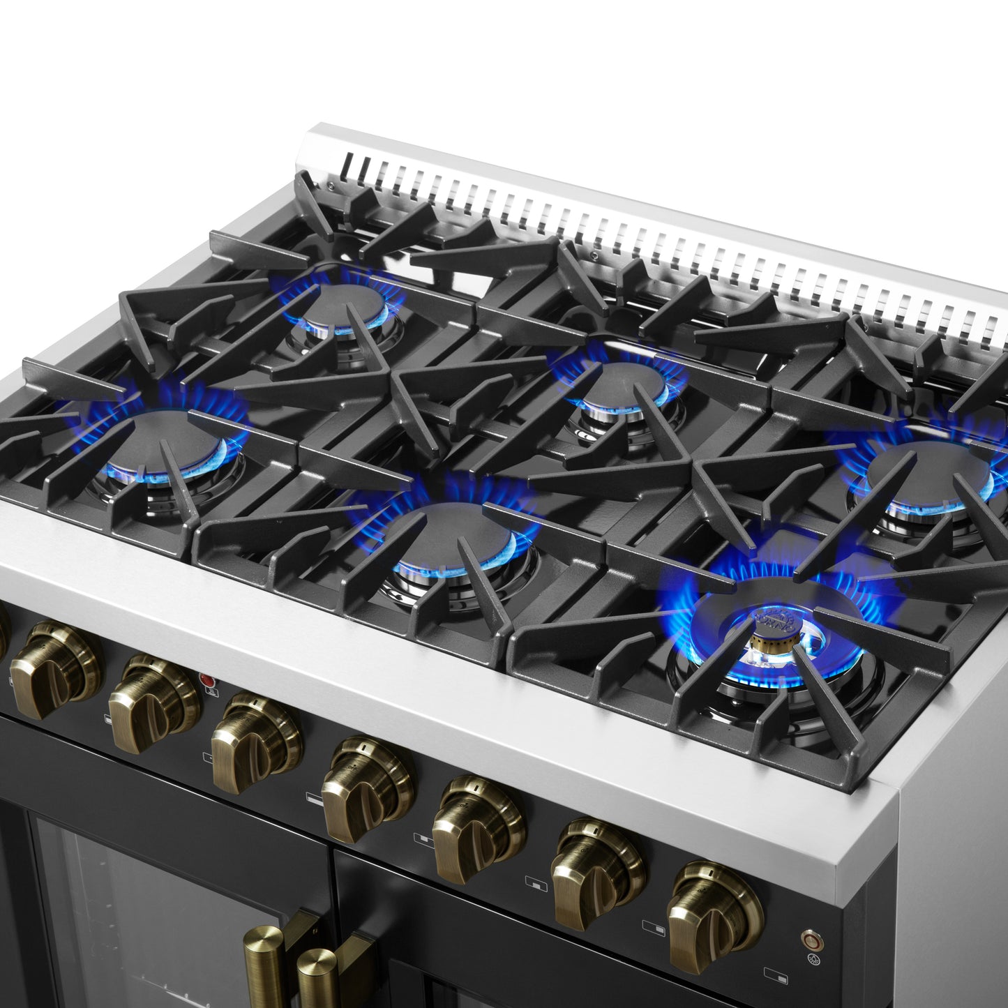 Cuisinière à gaz double foyer autonome à portes françaises Forno Galiano de 36 pouces, noire