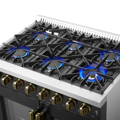 Cuisinière à gaz double foyer autonome à portes françaises Forno Galiano de 36 pouces, noire