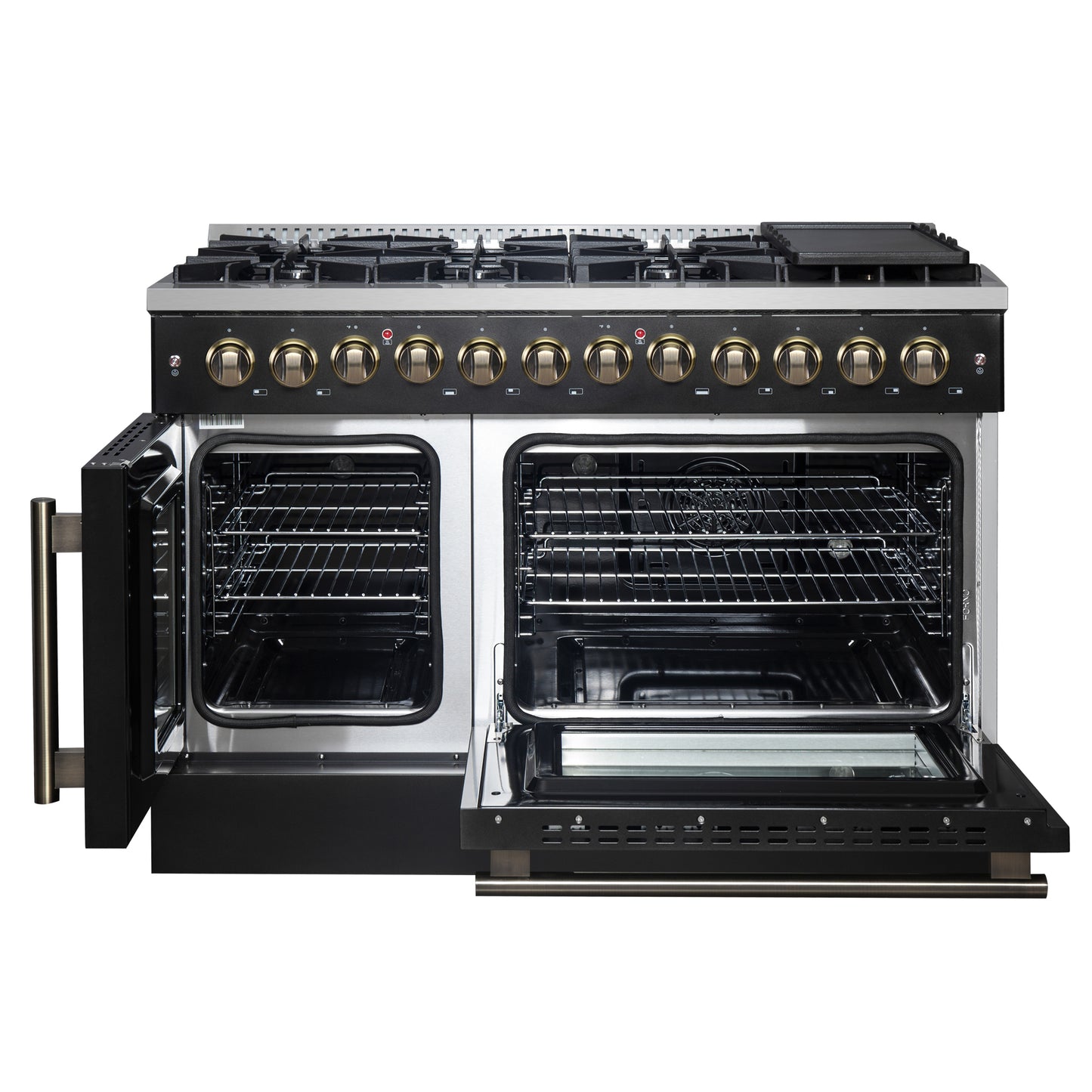 Cocina de doble combustible Forno Galiano de 48 pulgadas con puerta francesa, diseño en negro y latón antiguo, 8 quemadores sellados, 107,000 BTU, plancha, hornos dobles de 6.58 pies cúbicos