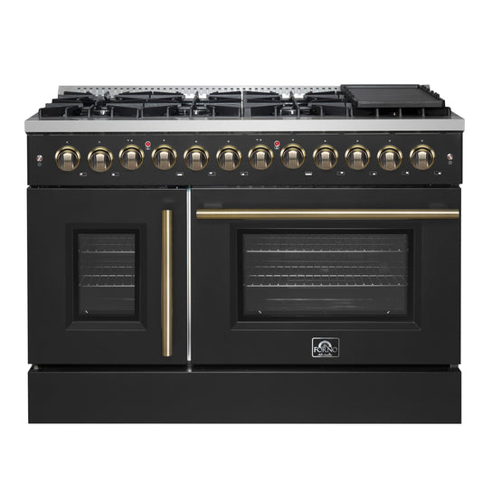 Cuisinière bi-énergie Forno Galiano de 48 pouces avec portes françaises, design noir et laiton antique, 8 brûleurs scellés (107 000 BTU), plaque de cuisson, fours doubles de 6,58 pi³
