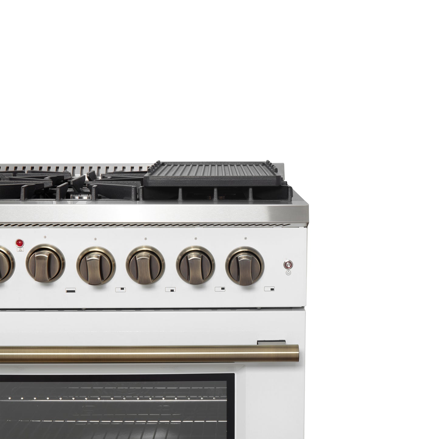 Cocina de doble combustible Forno Galiano de 48 pulgadas con puerta francesa, diseño en blanco y latón antiguo, 8 quemadores sellados, 107,000 BTU, plancha, hornos dobles de 6.58 pies cúbicos