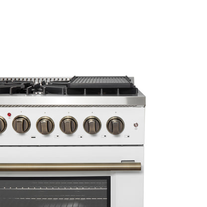 Cocina de doble combustible Forno Galiano de 48 pulgadas con puerta francesa, diseño en blanco y latón antiguo, 8 quemadores sellados, 107,000 BTU, plancha, hornos dobles de 6.58 pies cúbicos