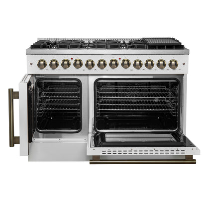 Cocina de doble combustible Forno Galiano de 48 pulgadas con puerta francesa, diseño en blanco y latón antiguo, 8 quemadores sellados, 107,000 BTU, plancha, hornos dobles de 6.58 pies cúbicos