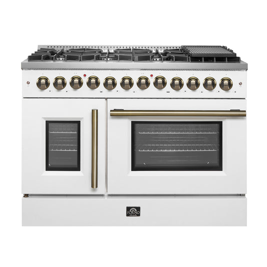 Cuisinière bi-énergie Forno Galiano de 48 pouces avec portes françaises, design blanc et laiton antique, 8 brûleurs scellés (107 000 BTU), plaque de cuisson, fours doubles de 6,58 pi³