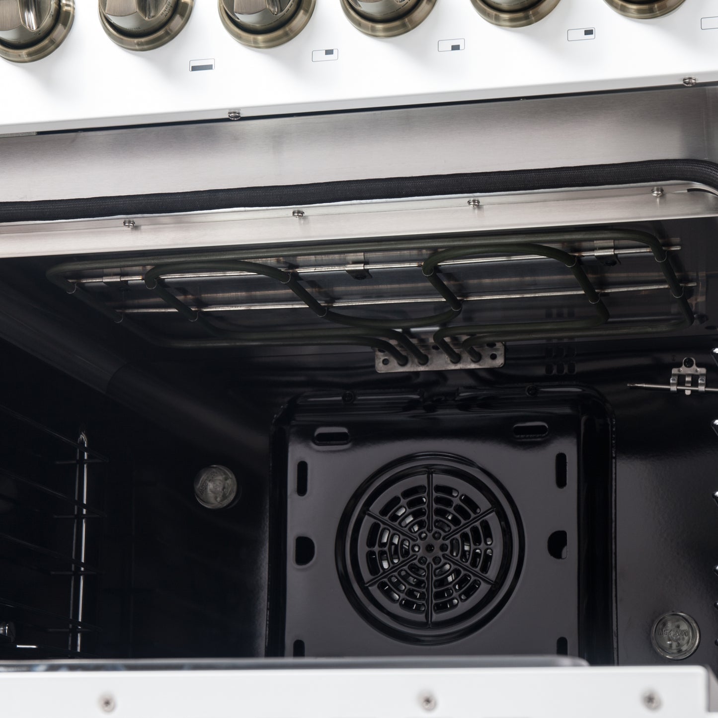 Cocina de doble combustible Forno Galiano de 48 pulgadas con puerta francesa, diseño en blanco y latón antiguo, 8 quemadores sellados, 107,000 BTU, plancha, hornos dobles de 6.58 pies cúbicos