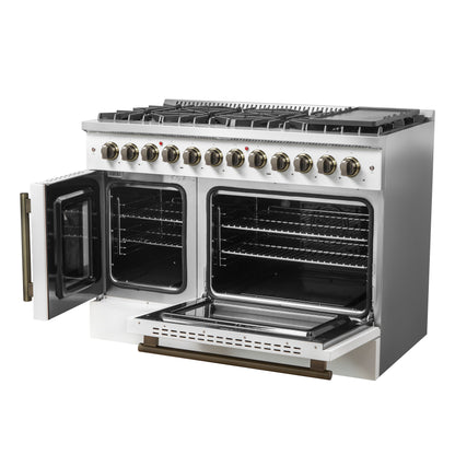 Cocina de doble combustible Forno Galiano de 48 pulgadas con puerta francesa, diseño en blanco y latón antiguo, 8 quemadores sellados, 107,000 BTU, plancha, hornos dobles de 6.58 pies cúbicos