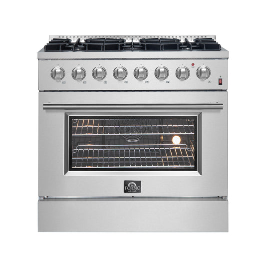 Cuisinière bi-énergie Forno Marco de 36 pouces, acier inoxydable, 6 brûleurs, 67 000 BTU, four à convection véritable, écoénergétique