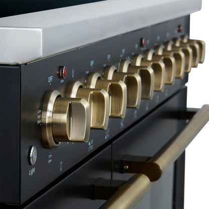 Forno Paolo 48 Inch Freestanding Electric Range in Black with Antique Brass, 6.7 cu.ft, True Convection Oven, Energy Efficient