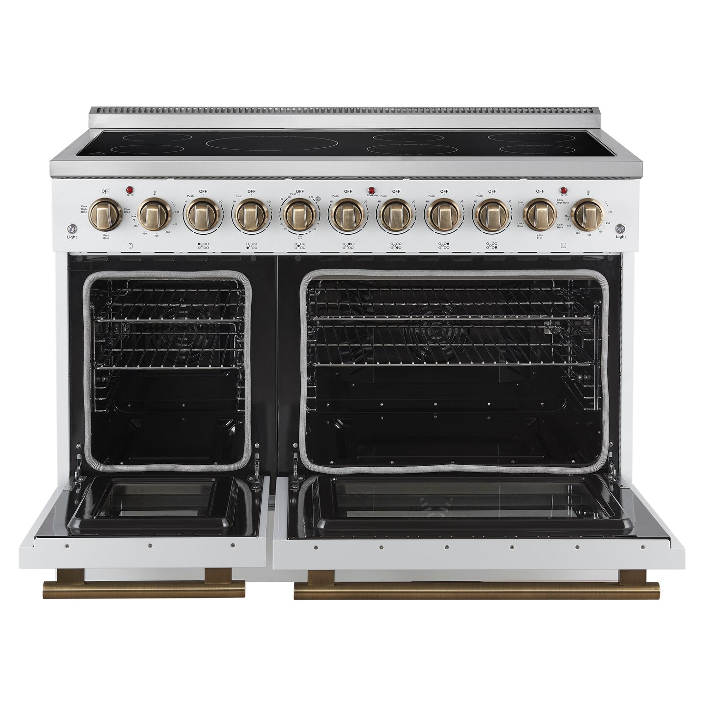 Forno Paolo 48 Inch Freestanding Electric Range in White with Antique Brass, 6.7 cu.ft, True Convection Oven, Energy Efficient